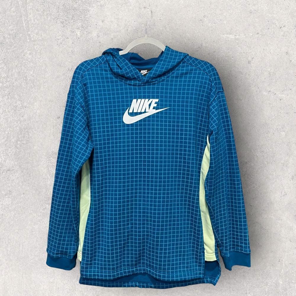 Nike Hoodie Teal Blue Green Grid Windowpane Pattern Kangaroo Pocket, Youth XL